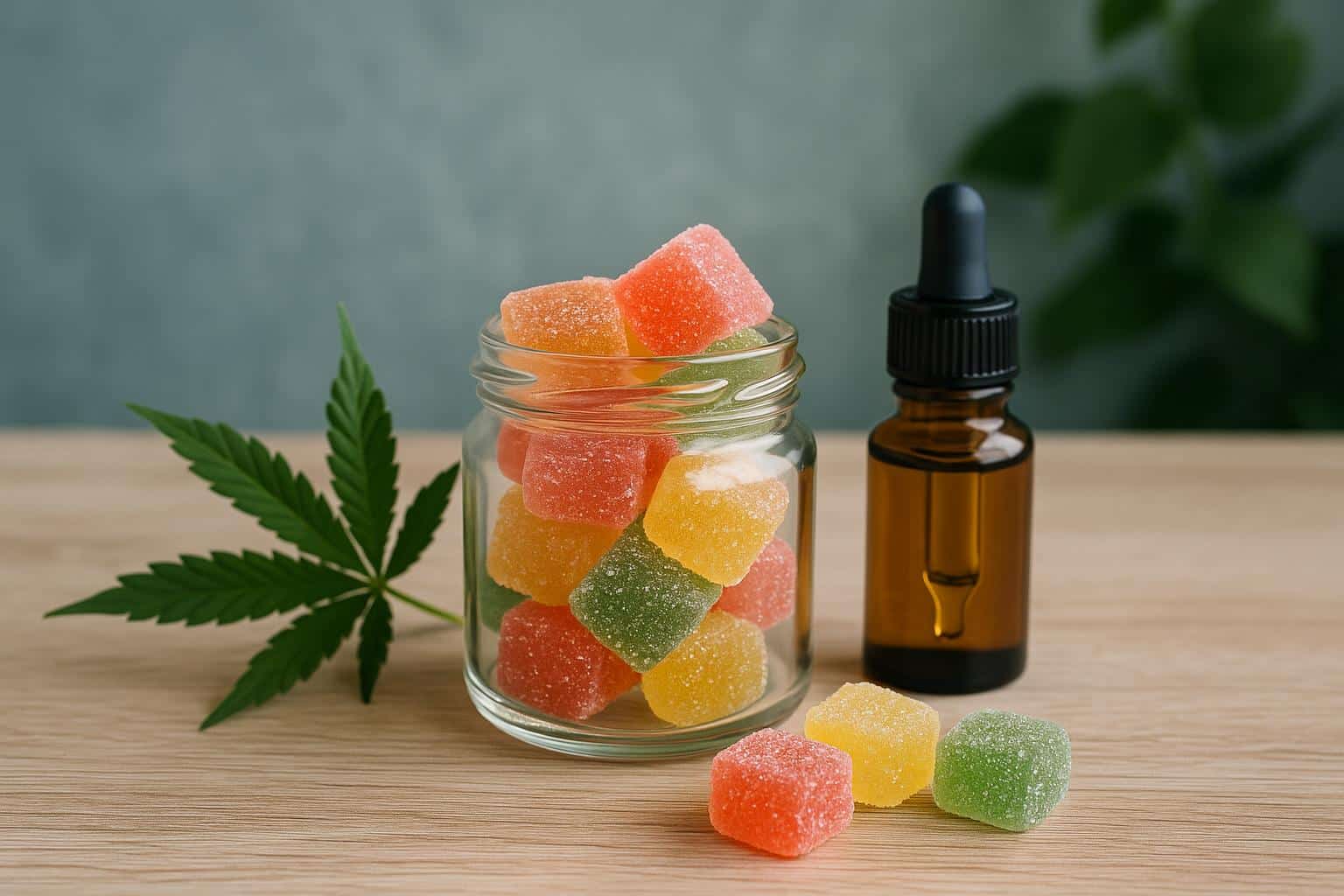 CBD gummies in assorted colors displayed on a table, highlighting stress relief benefits
