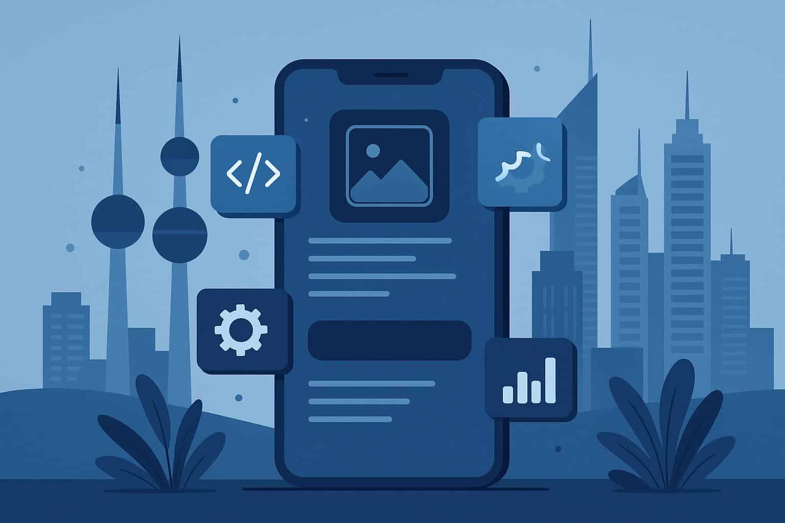 Modern smartphone with app icons and Kuwait city skyline illustrating mobile app development trends