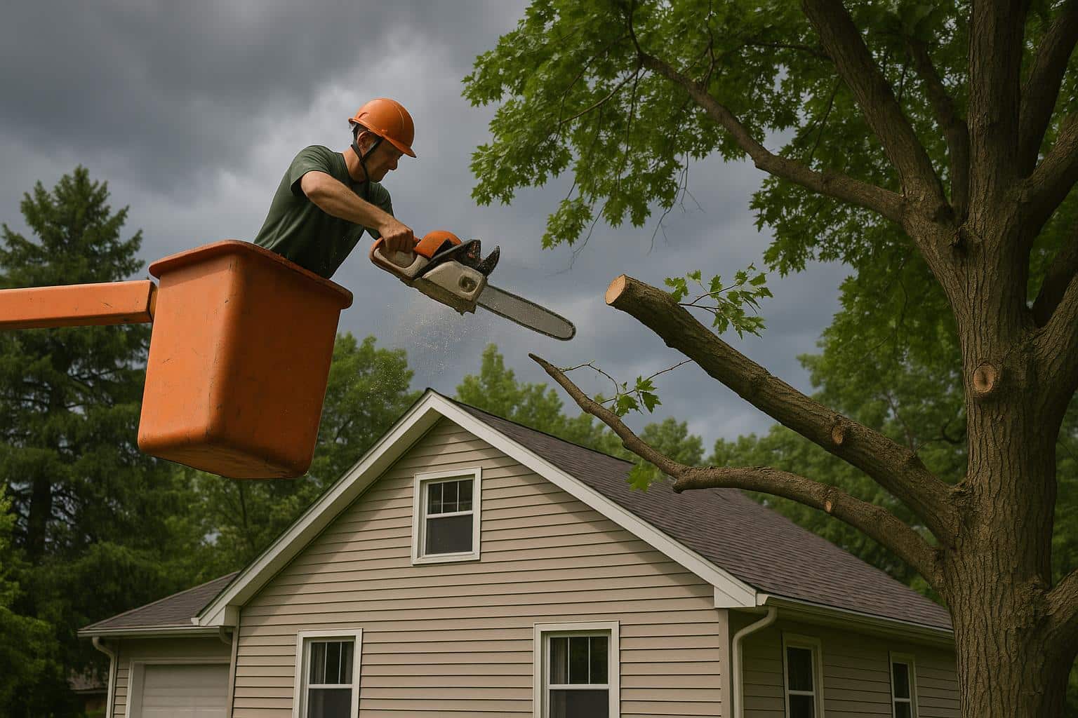 Arborist pruning large tree branches to protect property from potential storm damage