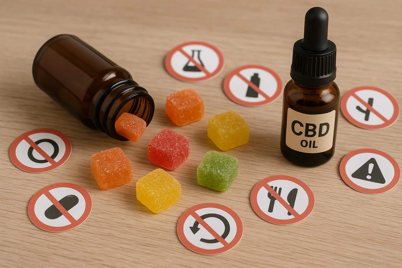 Assorted CBD gummies in a glass jar on a wooden table with colorful gummy bears scattered around