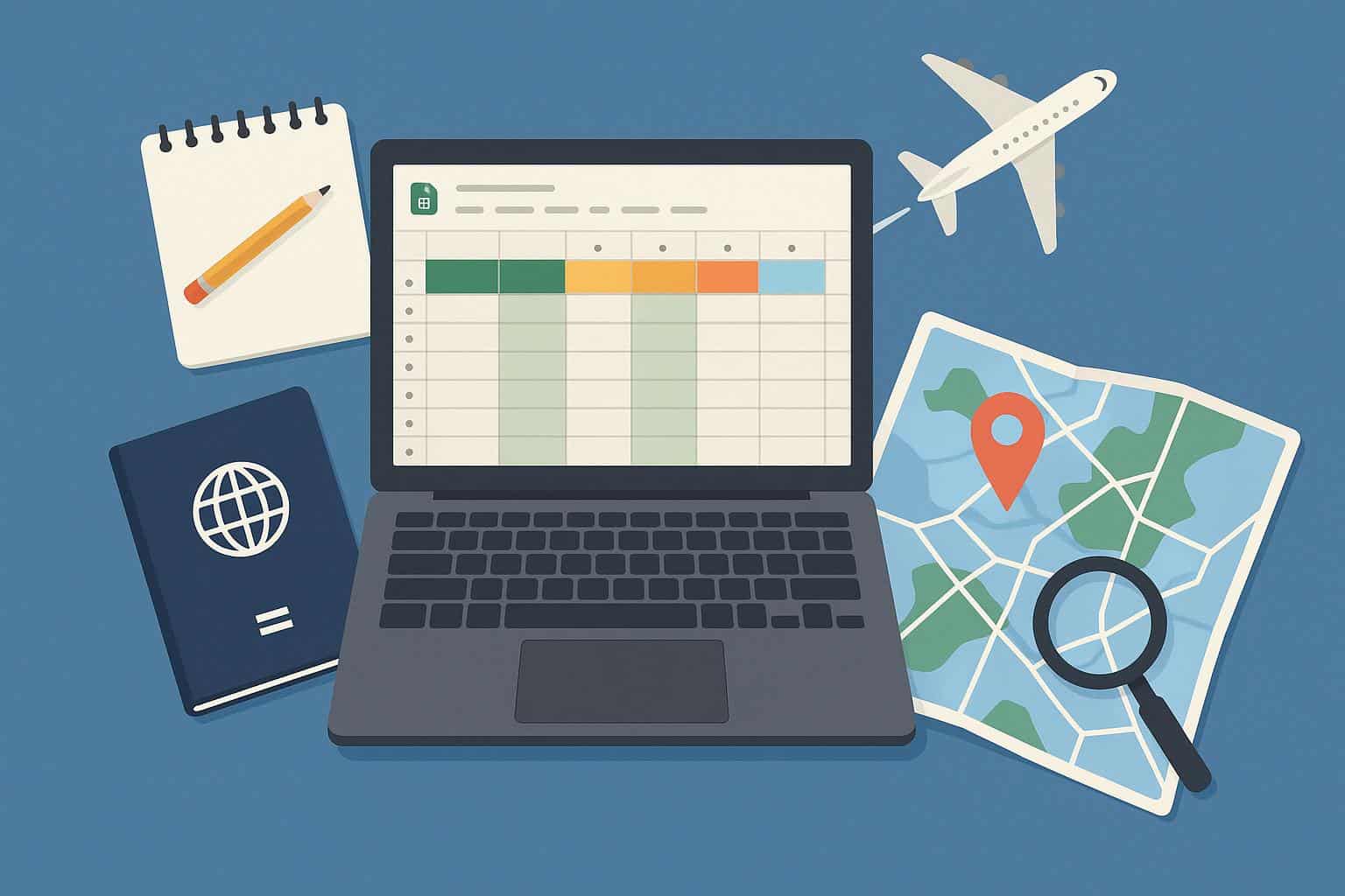 Google Sheets itinerary template displayed on laptop with travel planning documents and a map