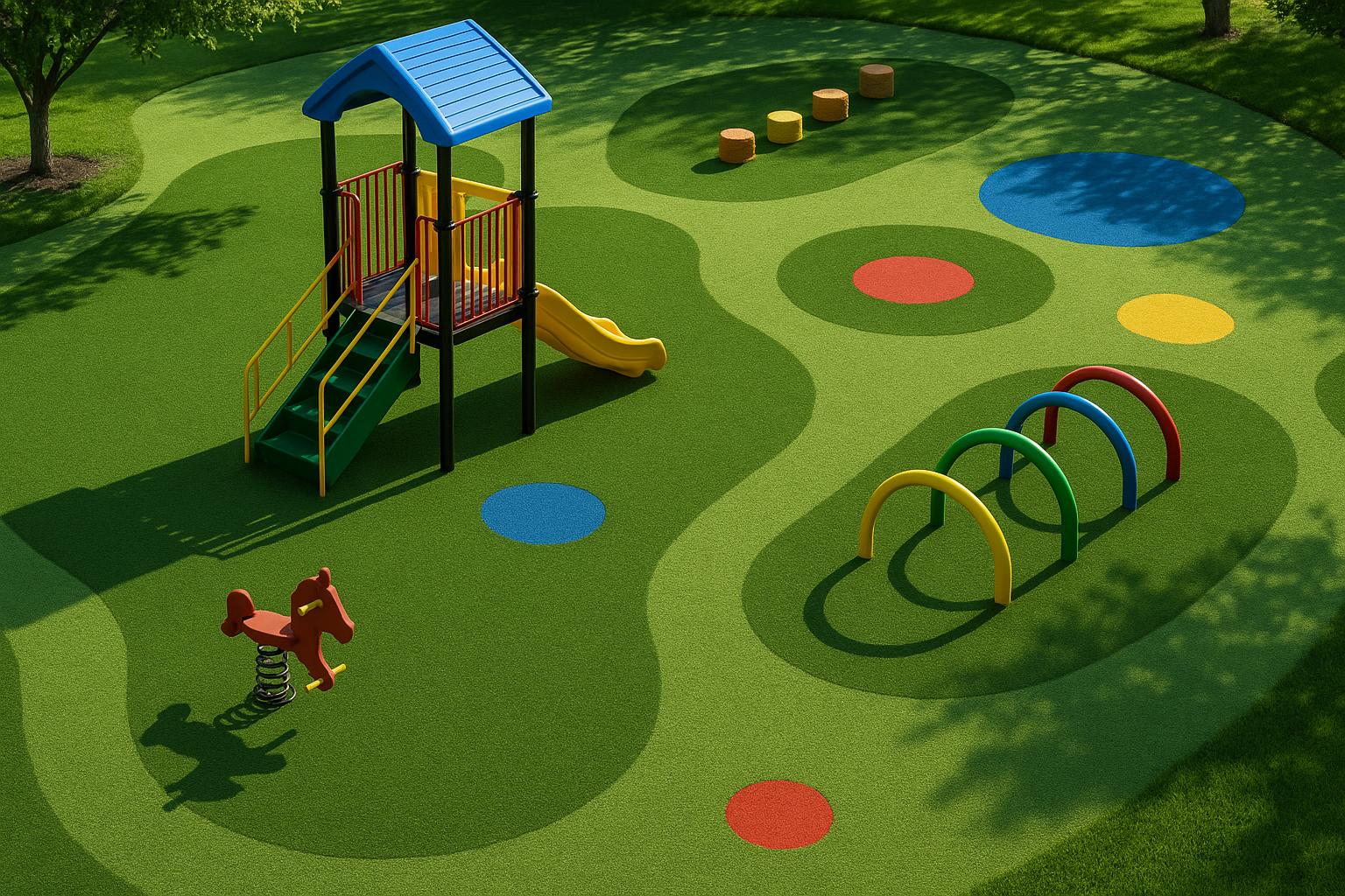 Colorful playground with artificial turf, modern play equipment, and safe play area design features.