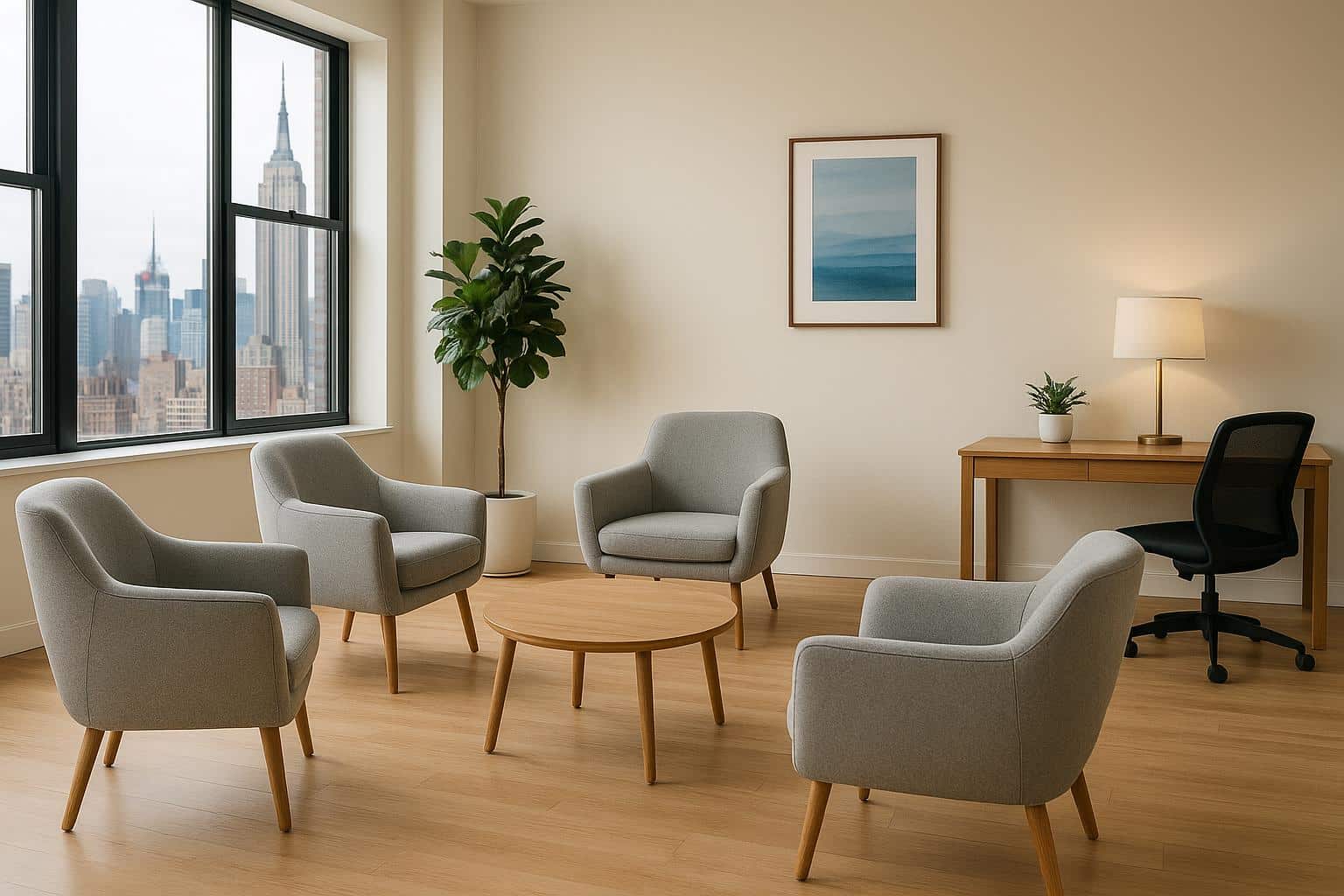 Therapist leading a counseling session in a New York clinic for addiction and mental health treatment