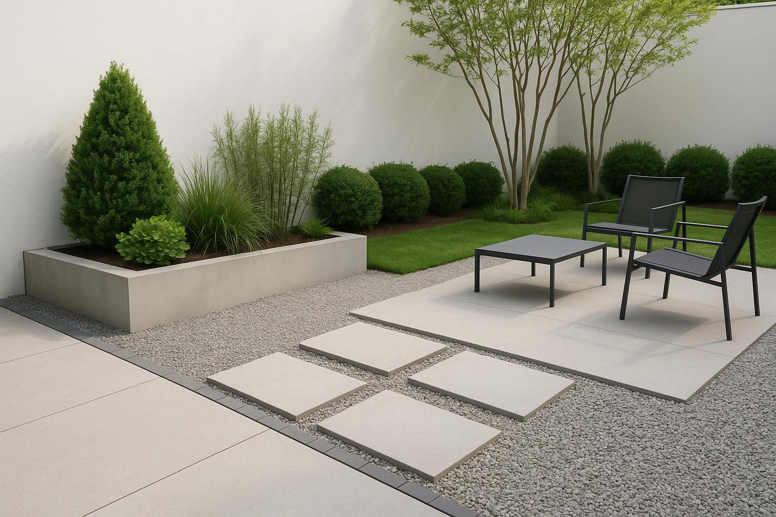 Minimalist garden with geometric planters, neatly trimmed shrubs, and modern outdoor furniture