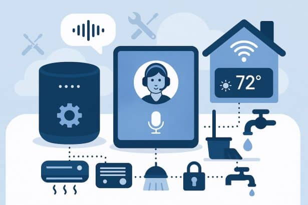 Smart AI voice assistants managing home services apps and devices on a modern digital interface