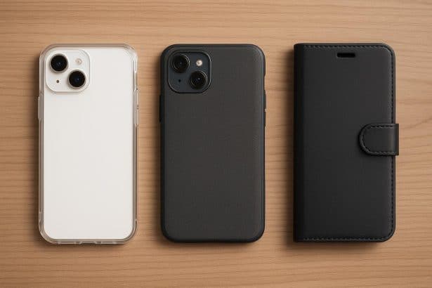 Assorted smartphone cases displaying various styles, colors, and protective features on a table
