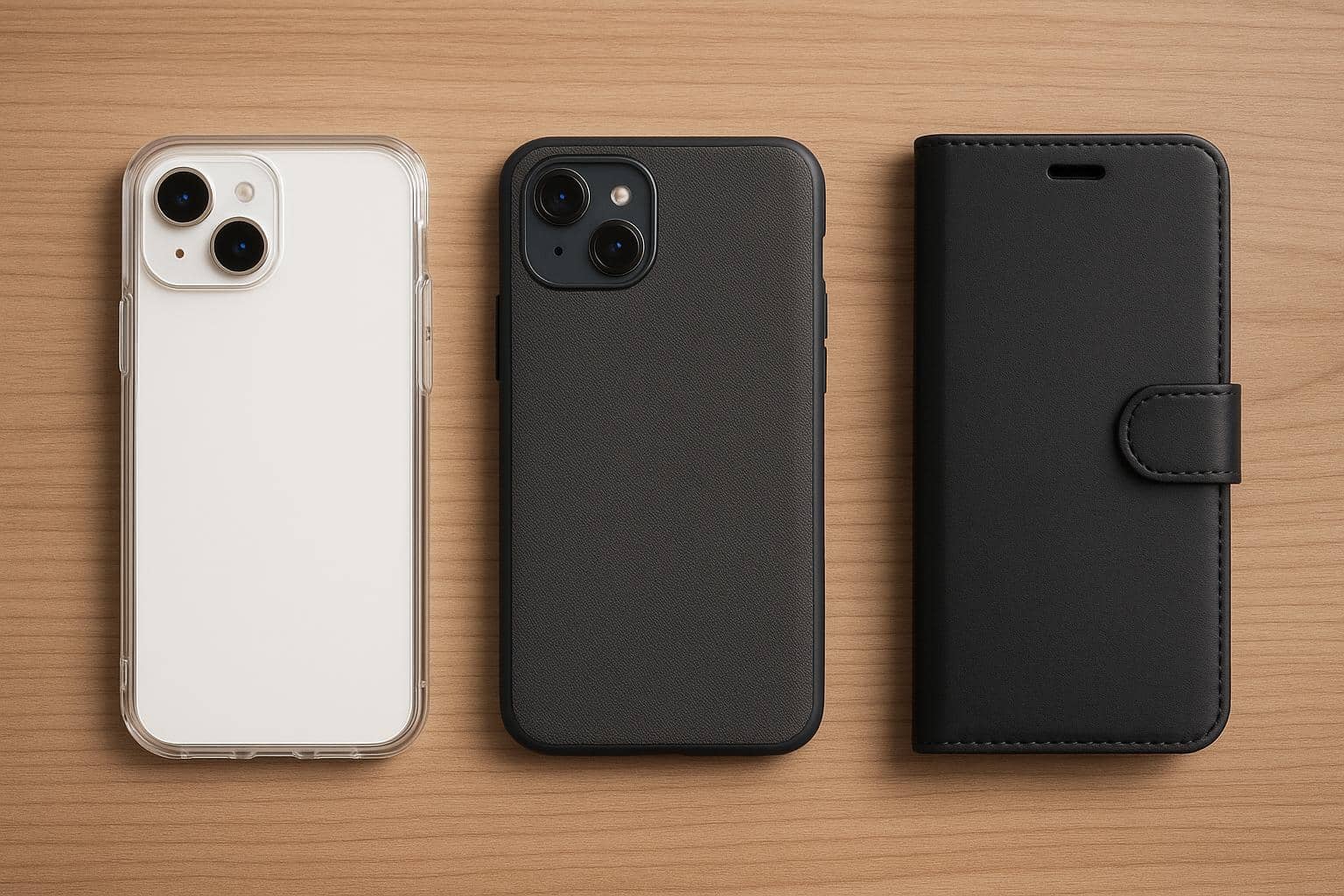 Assorted smartphone cases displaying various styles, colors, and protective features on a table