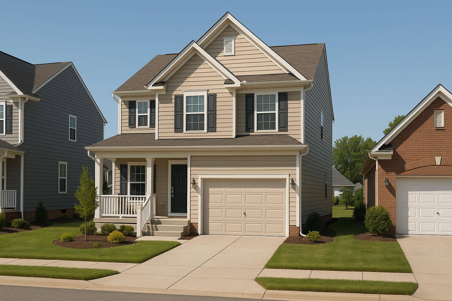 Modern suburban homes in Windsor VA with landscaped yards, highlighting local real estate options