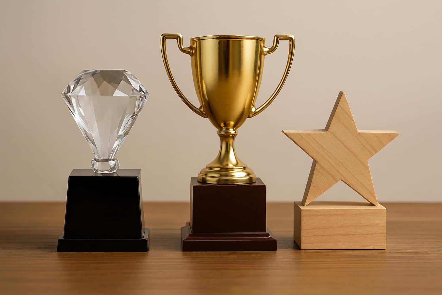 Assorted metal and crystal trophies displayed on a wooden shelf for award selection guidance