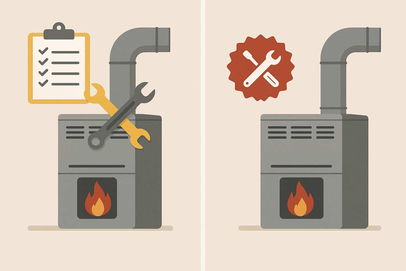Technician examining furnace components for maintenance and repair comparison