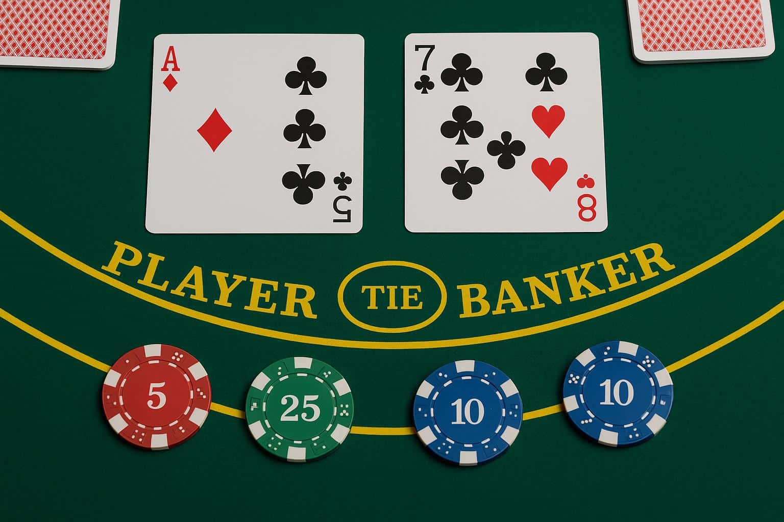 Casino table with baccarat cards and chips, representing free online baccarat demo practice