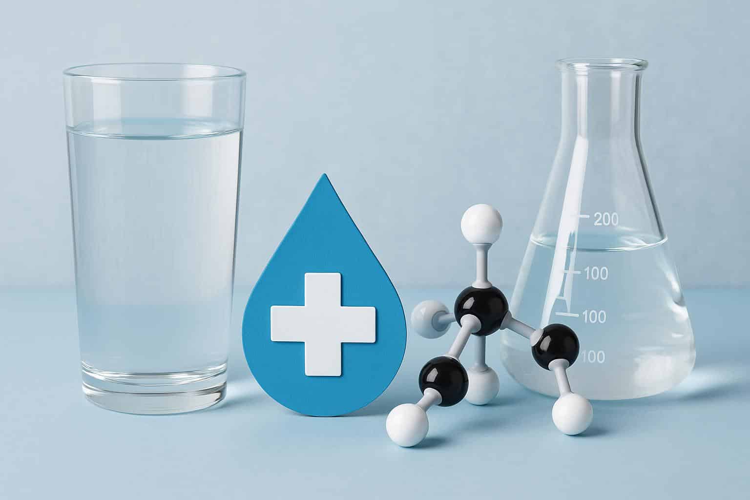 Close-up of clear drinking water in a glass with chemical symbols illustrating water purity