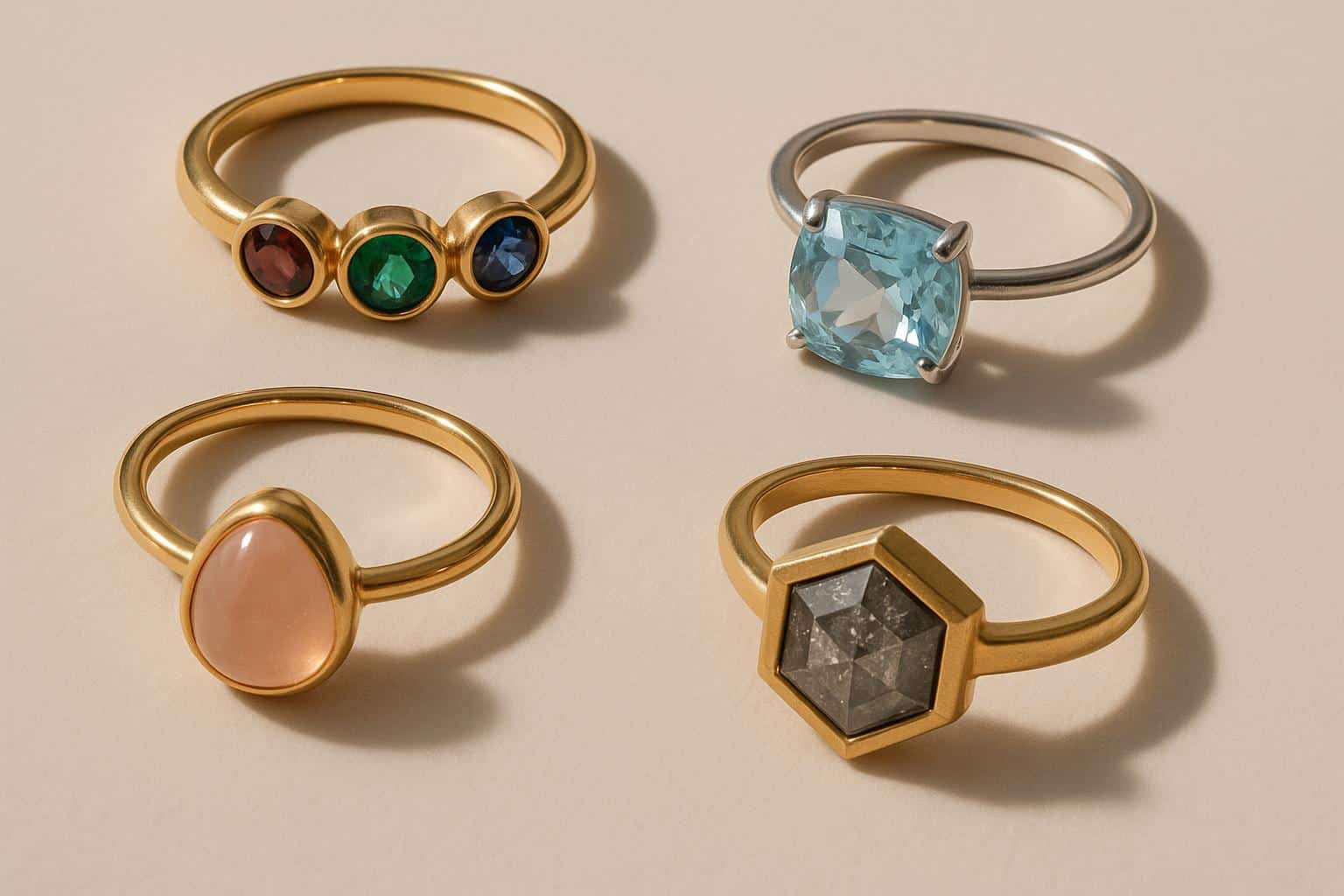 Unique alternative engagement rings with colorful gemstones and modern designs on display