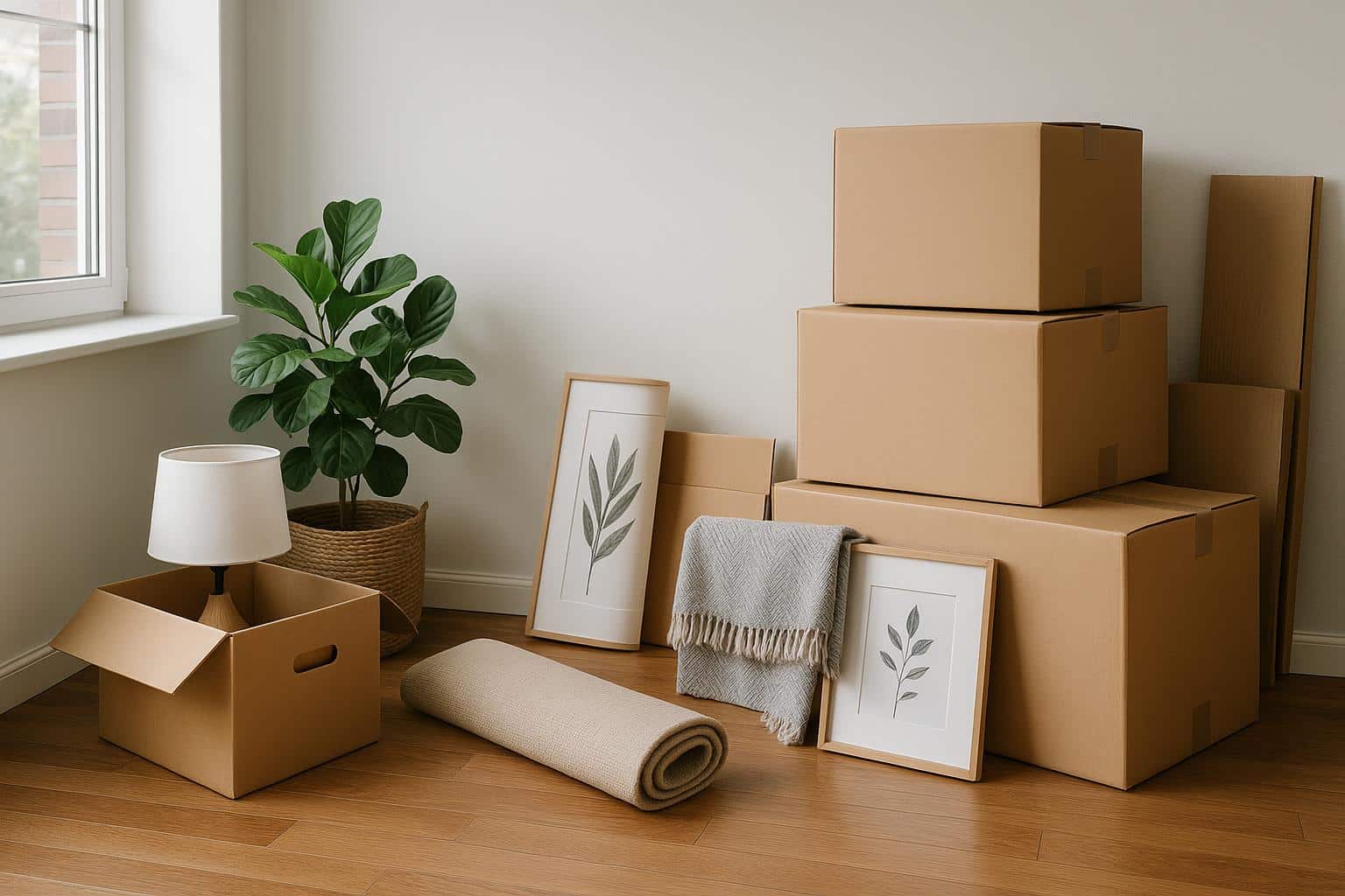 Modern Melbourne apartment interior with organized moving boxes and minimalist decor.