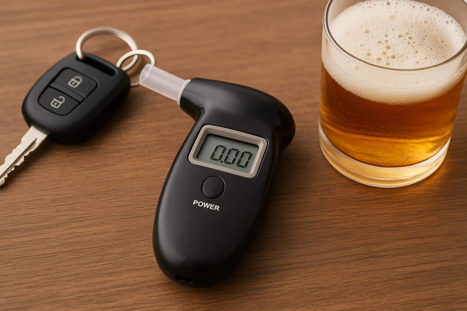 Hand holding alcohol breathalyser device beside car steering wheel for safety demonstration