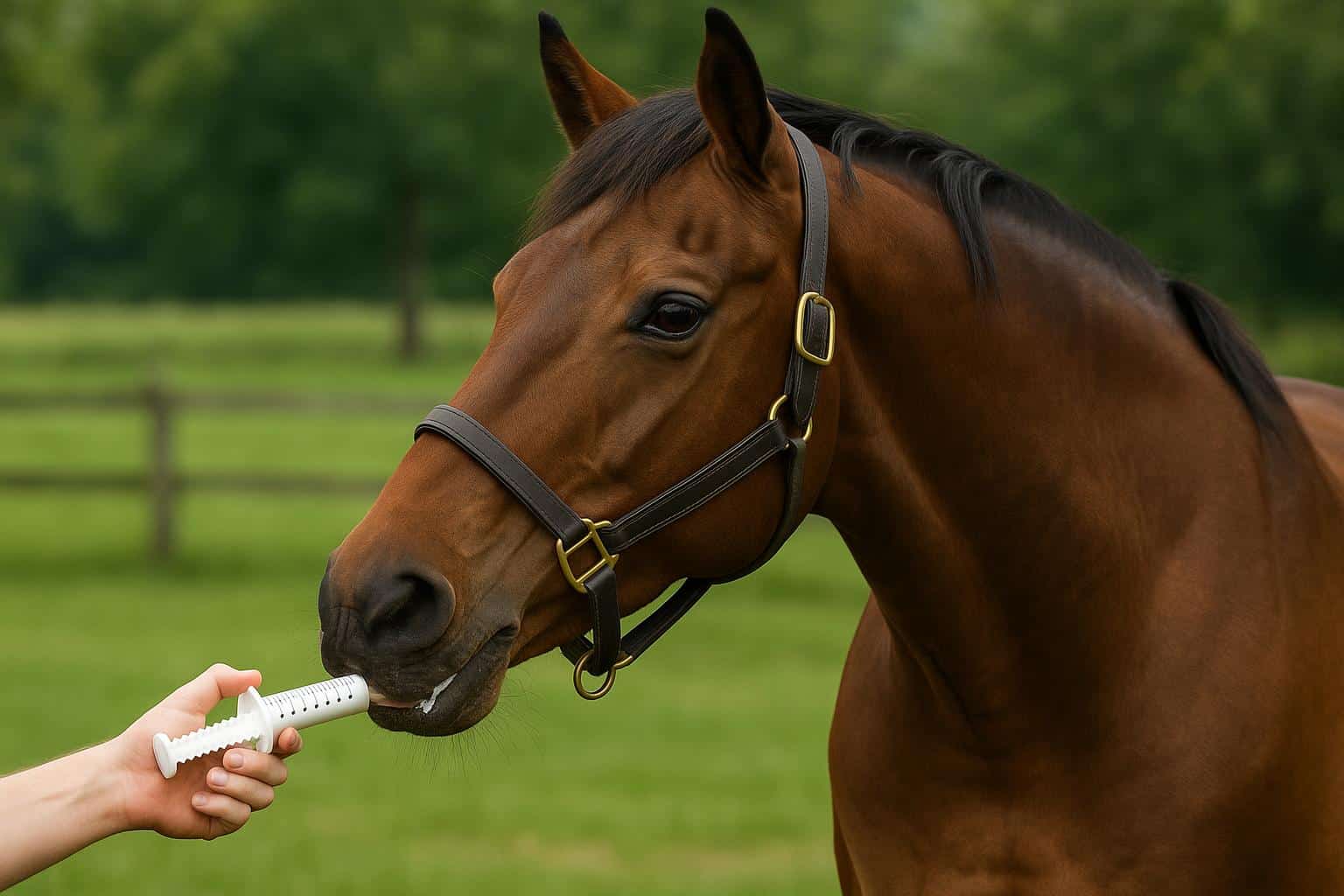 Fenbendazole dewormer medication and syringe with horse in stable, equine health treatment