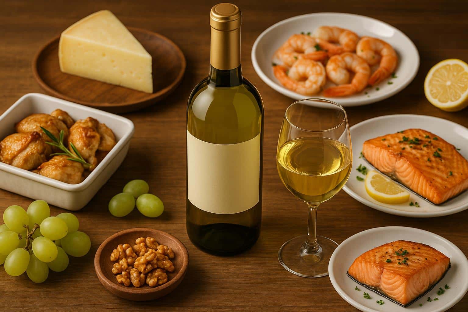 Chardonnay wine glass with cheese and grapes, ideal pairing for Chardonnay wine occasions