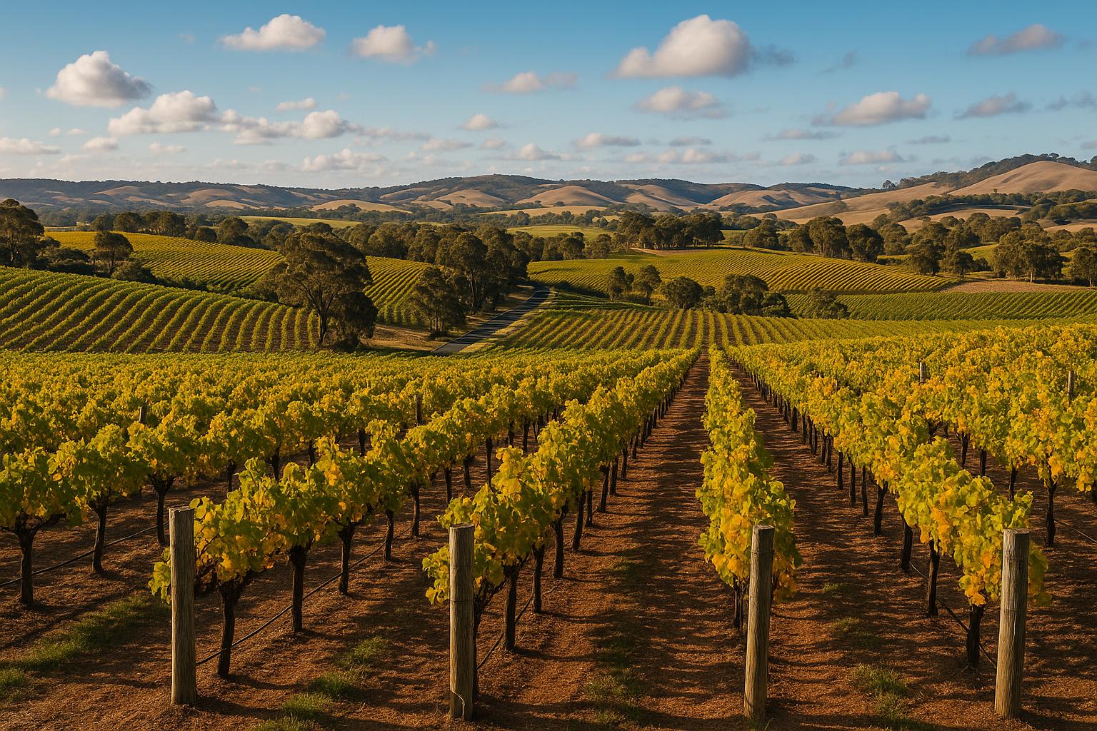 Vineyards and wine barrels in Barossa Valley, South Australia, showcasing scenic wine tour destinations
