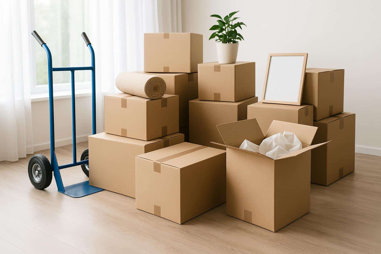 Boxes and packing materials organized for a home move, highlighting moving and packing services.