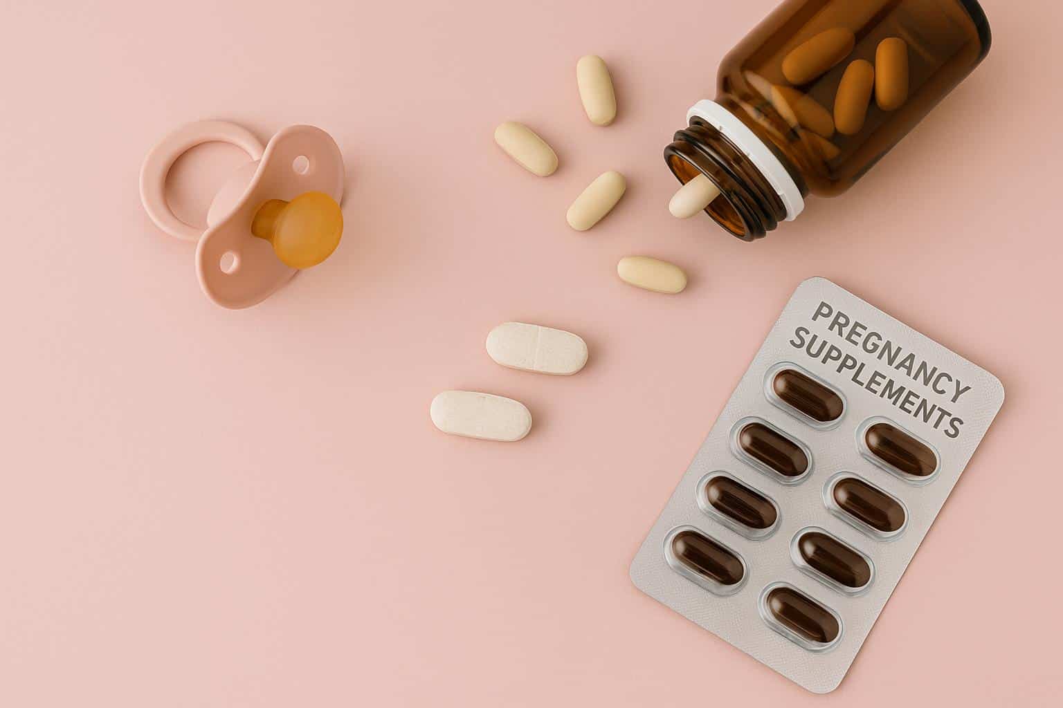 Assorted pregnancy supplements and prenatal vitamins on a table for expectant mothers