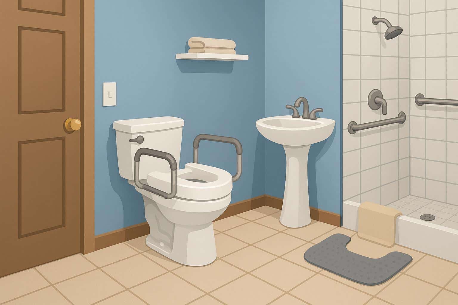 Bright living room with grab bars and non-slip rugs promoting senior safety and independence