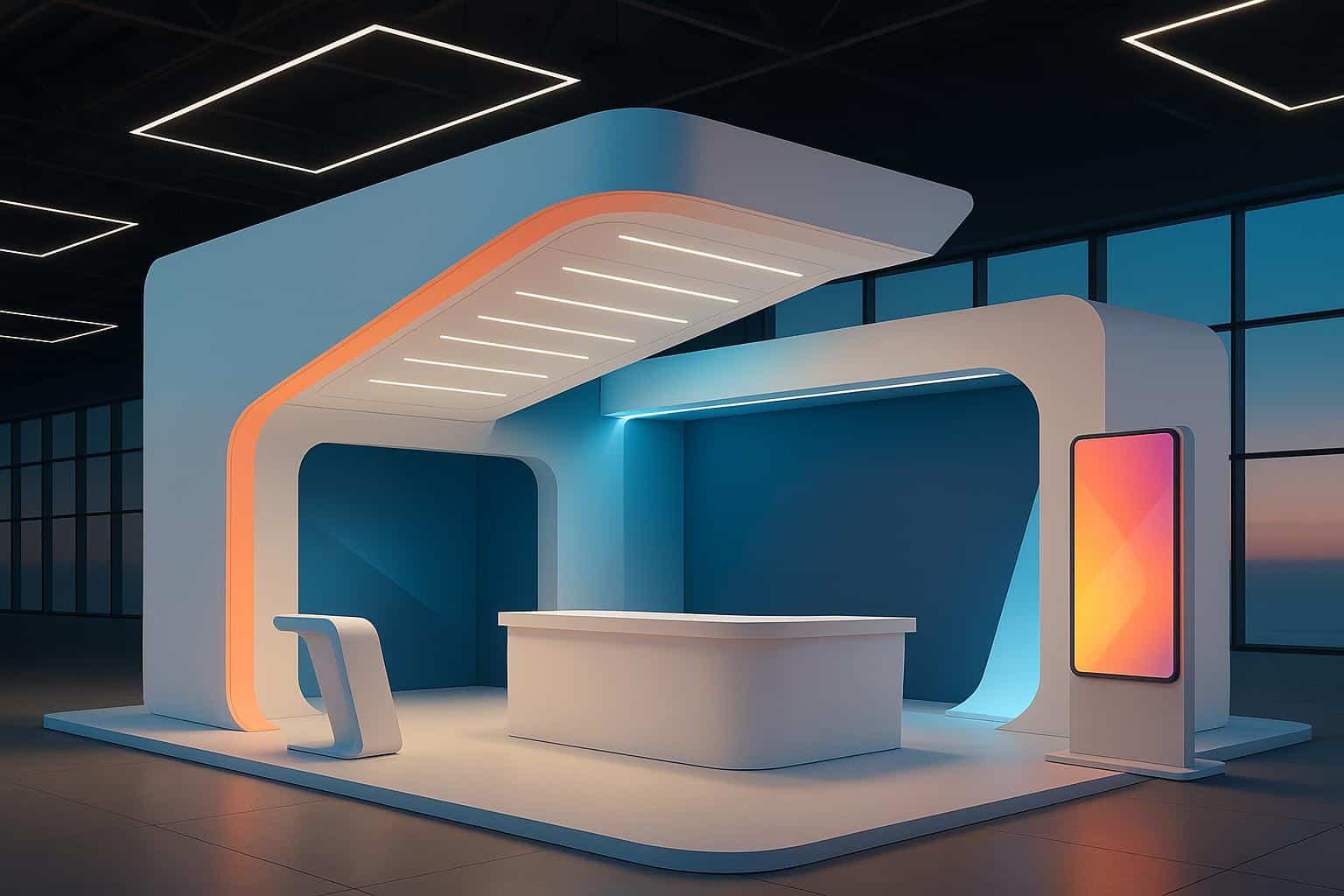 Modern trade show booth with innovative lighting and interactive digital display screens