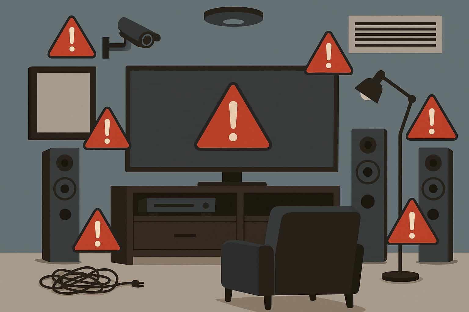 Home theater setup with speakers, TV, misaligned seating, and visible wiring mistakes