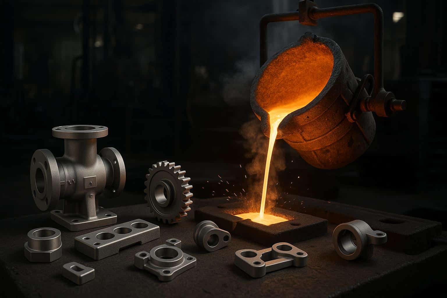Molten metal being poured into molds for precision component manufacturing in industrial foundry