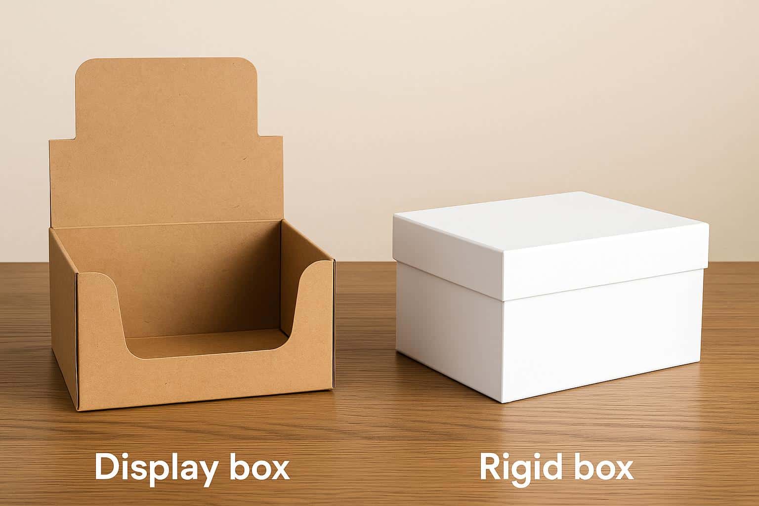 Display boxes vs rigid boxes comparison with packaging samples on a plain background