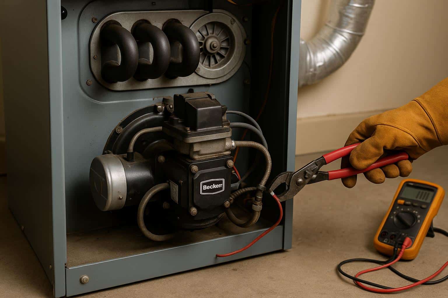 Technician servicing oil furnace to enhance heating efficiency and extend system lifespan