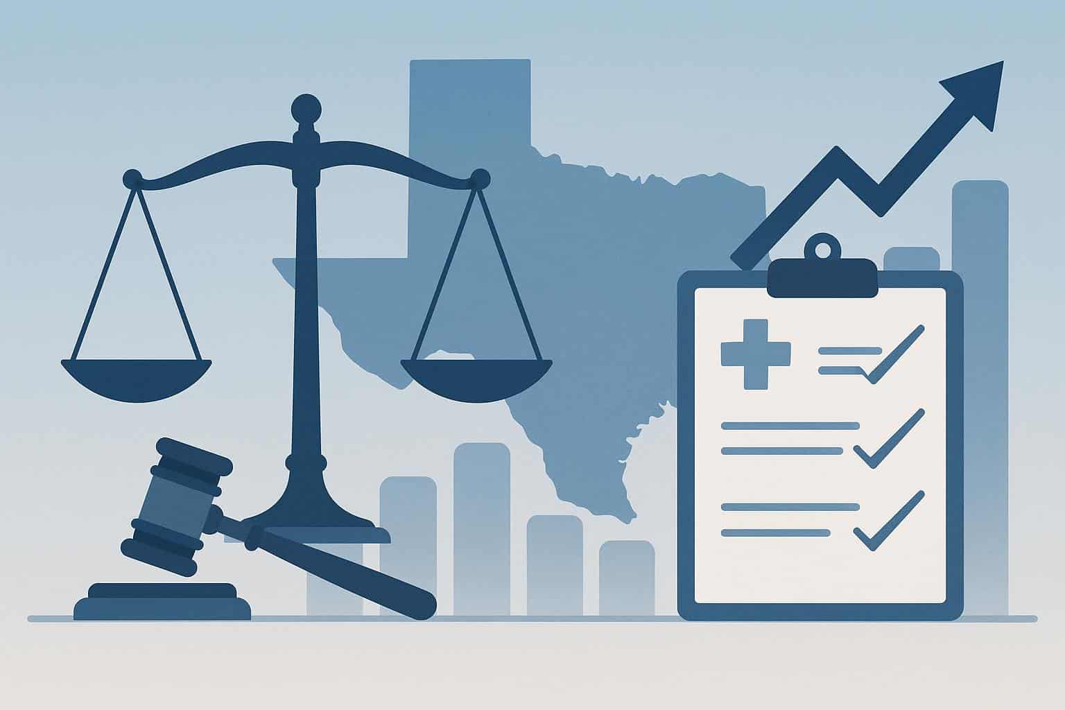Gavel and Texas map symbolizing upcoming trends in personal injury law and legal changes