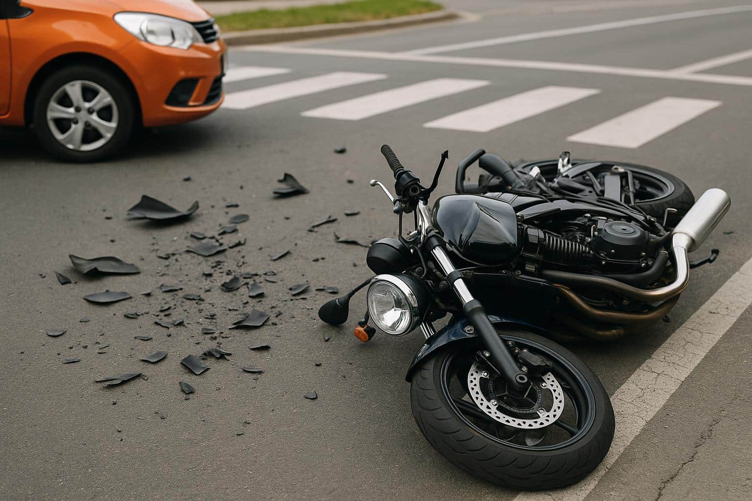 Damaged motorcycle on road after accident with debris scattered around and warning signs visible