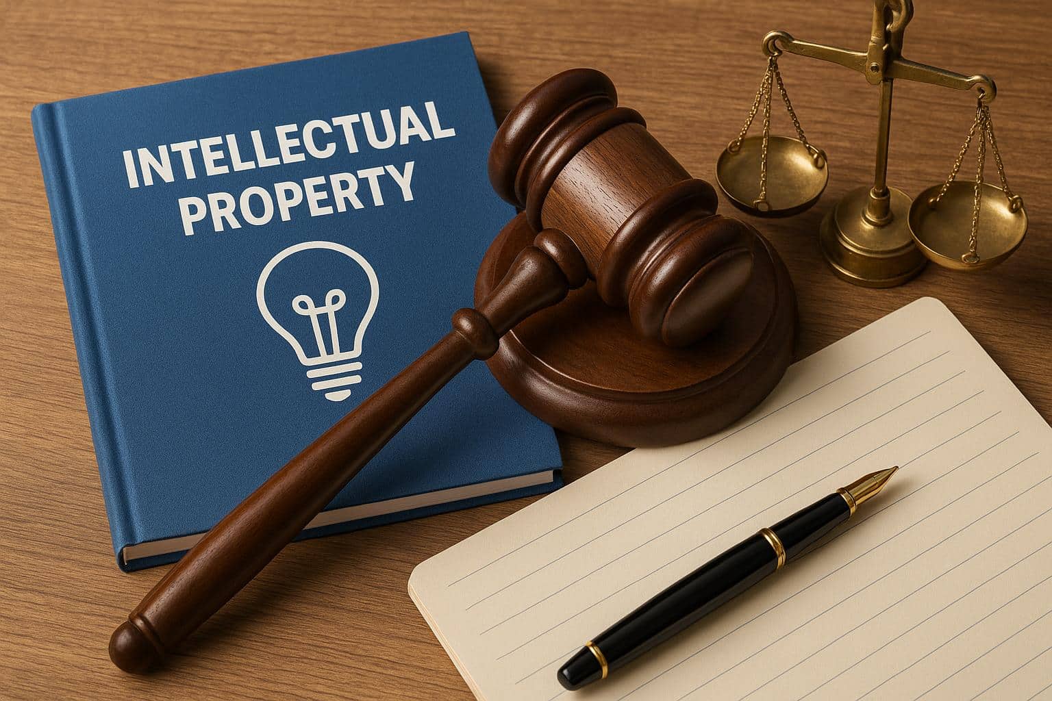 Gavel and scales beside copyright symbol illustrating legal protection of intellectual property