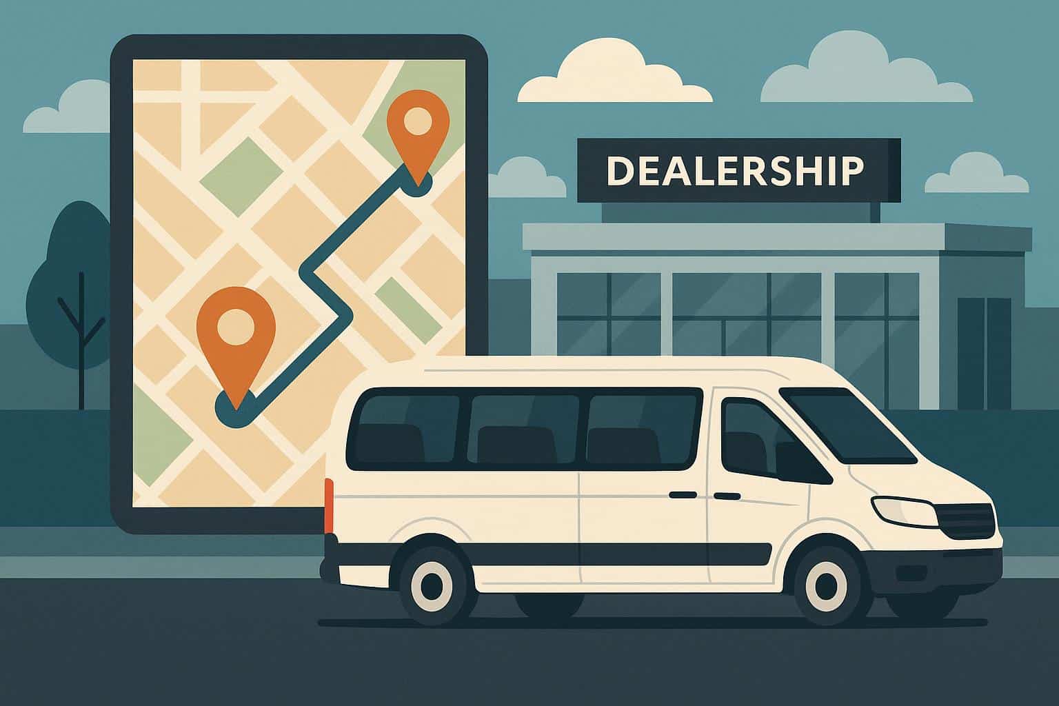 Modern dealership shuttle van with GPS tracking map overlay, illustrating vehicle tracking methods