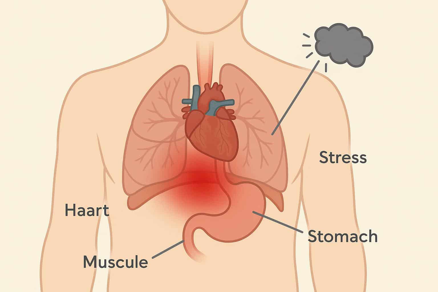 Chest tightness illustration showing heart, lungs, and digestive system to indicate common causes
