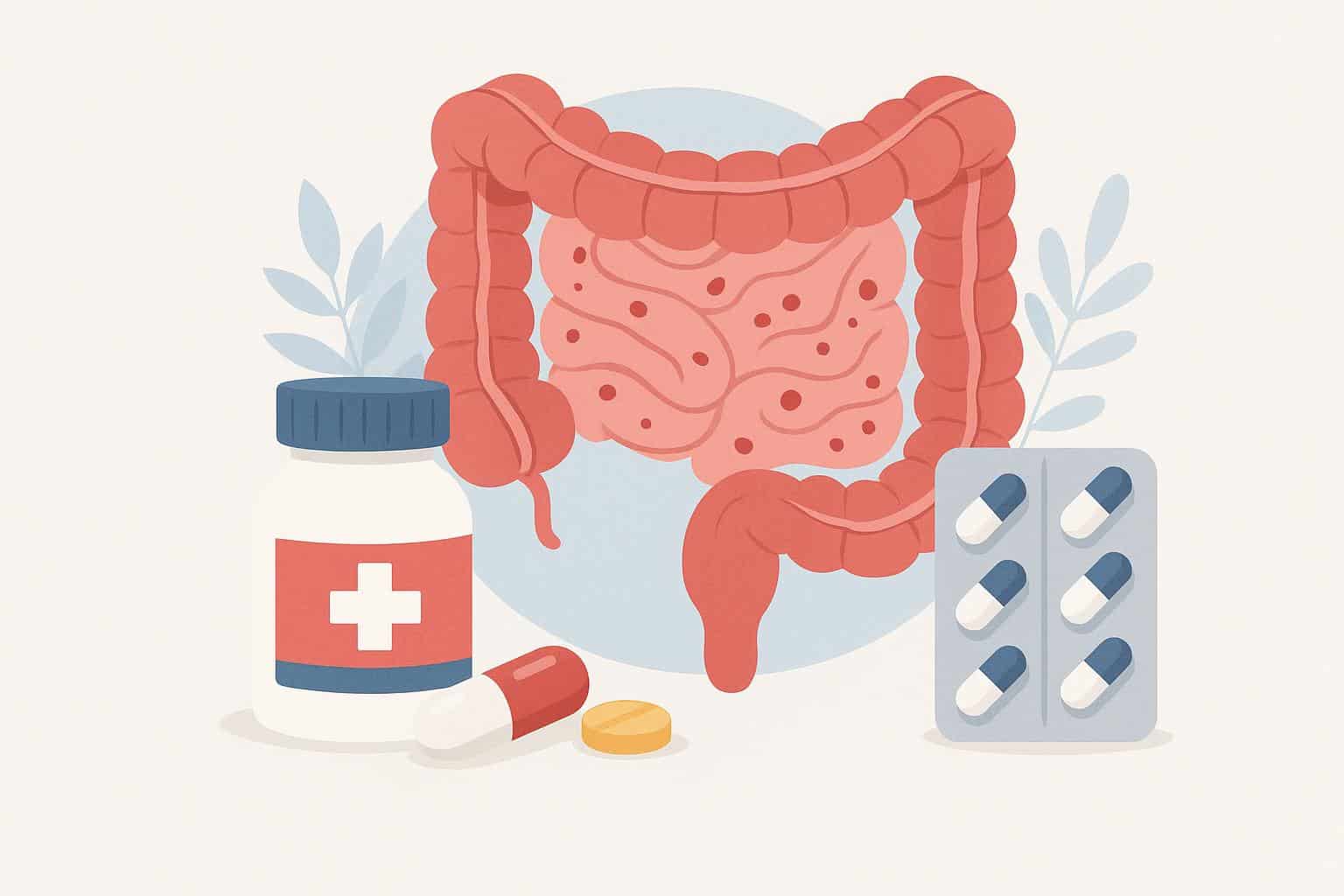 Prescription pills and blister packs representing treatments for ulcerative colitis