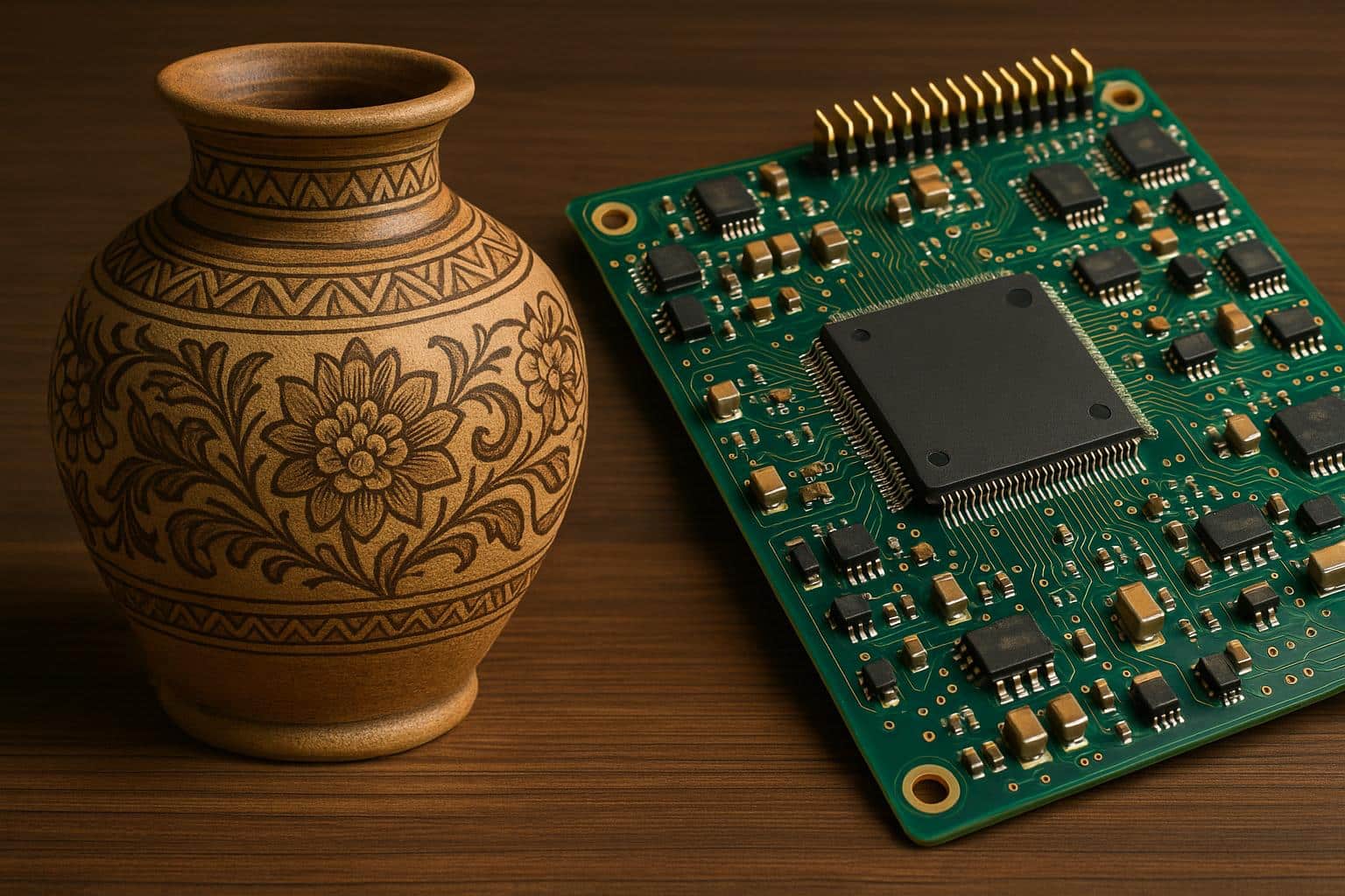 Traditional art motifs blended with modern electronic circuit designs, symbolizing innovation