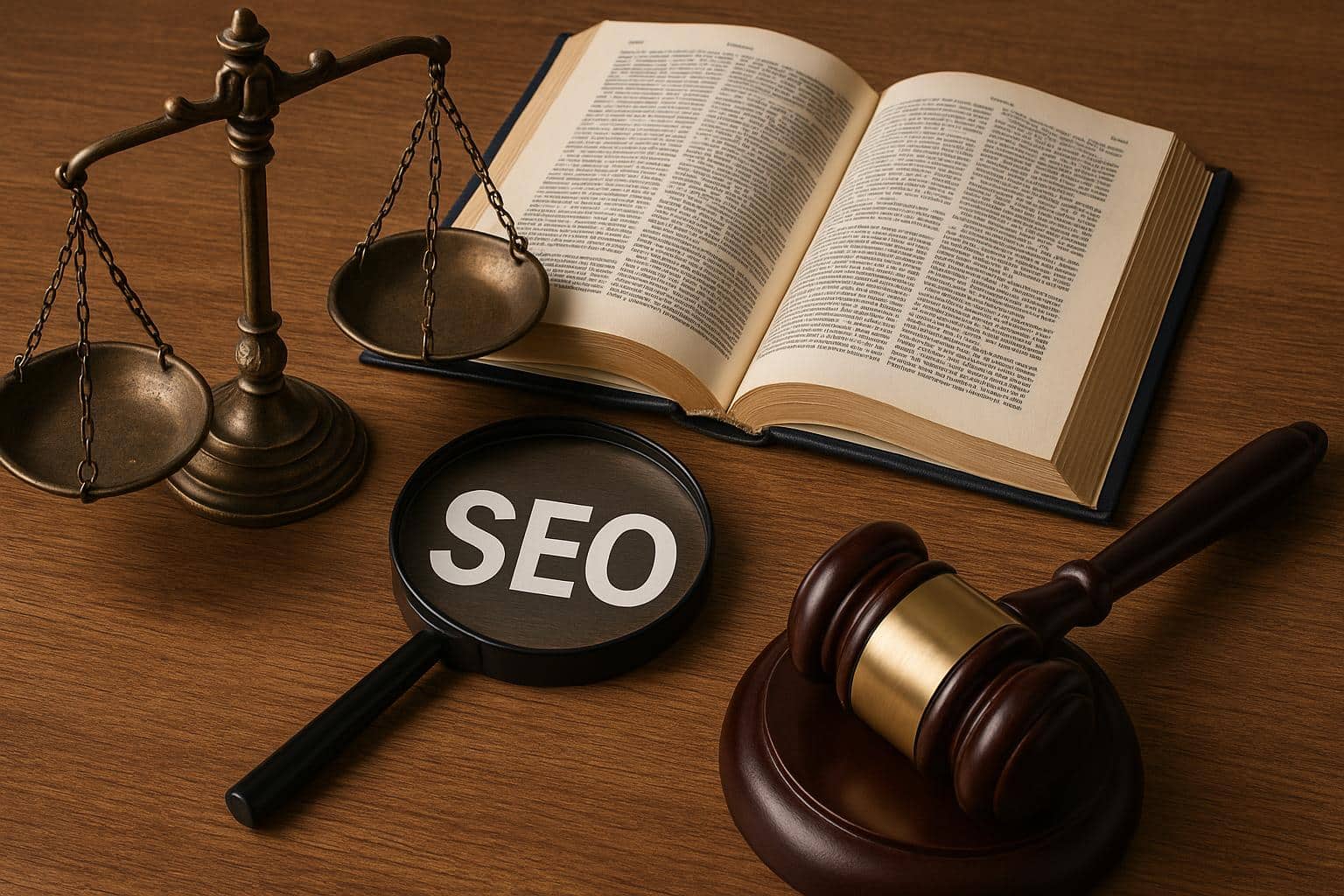 Scales of justice on law book highlighting SEO strategies for criminal defense attorneys