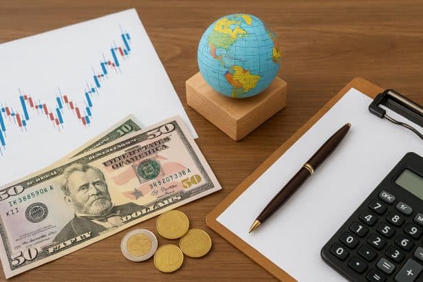 Foreign investments and US tax forms with currency notes and financial documents on a desk