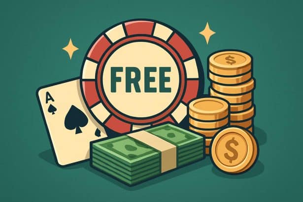 Stack of casino chips and playing cards representing free credit no deposit bonus offers