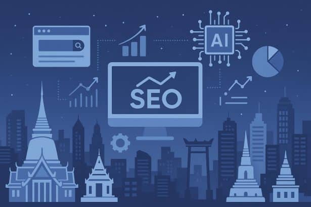 Bangkok skyline with AI and SEO icons representing top digital agencies in the city