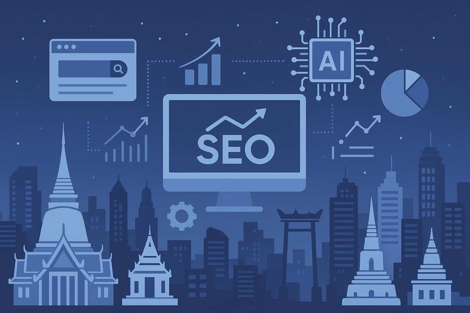 Bangkok skyline with AI and SEO icons representing top digital agencies in the city