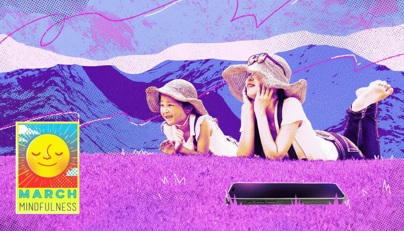 Two children in straw hats lying on purple grass, looking up at a blue and purple sky with abstract patterns. A March Mindfulness sun logo is in the bottom left, and a smartphone is in the bottom right.