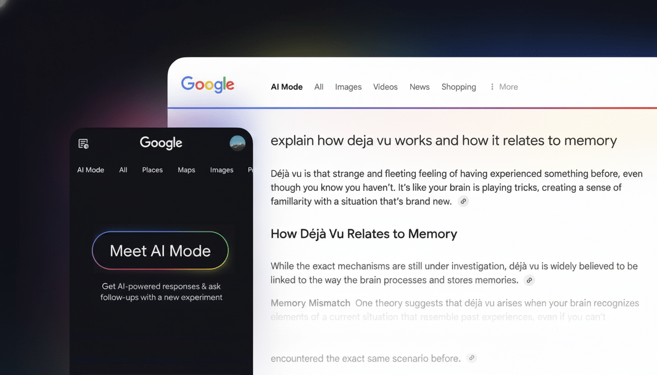 A professional, enhanced image of a Google search interface in AI Mode, displayed on a desktop and a mobile device, with a 16:9 aspect ratio.