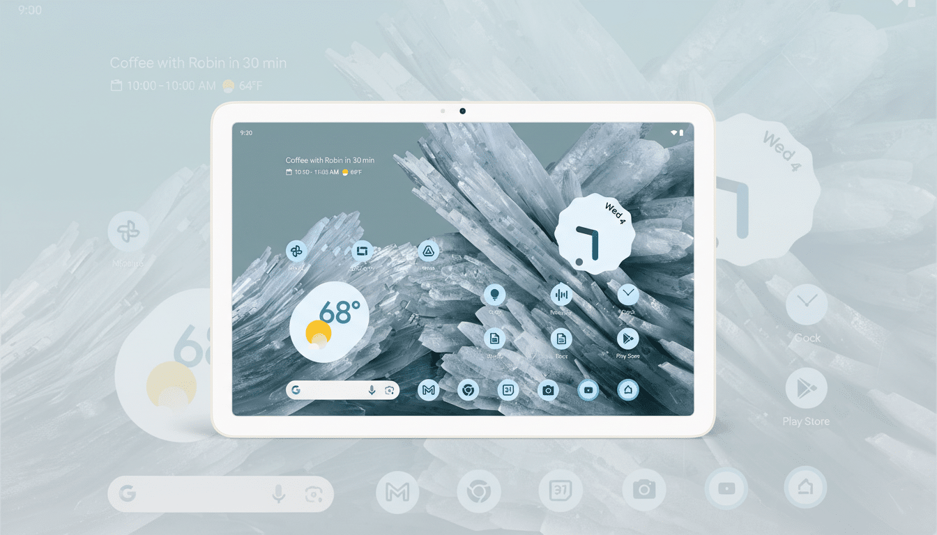 A white tablet displaying a home screen with a crystal-like wallpaper and various app icons, set against a soft, light blue gradient background.