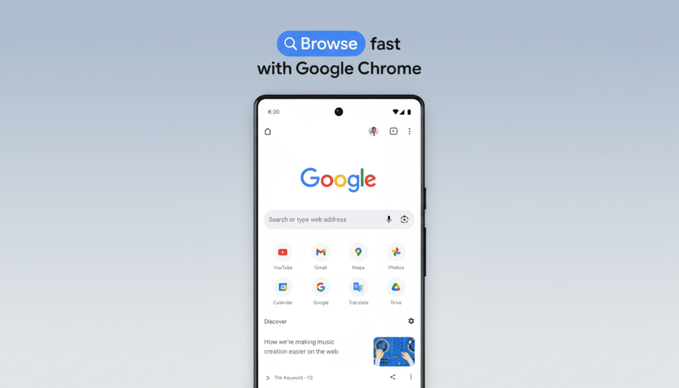A smartphone displaying the Google Chrome browser with the text Browse fast with Google Chrome above it, set against a professional flat design background with soft patterns.