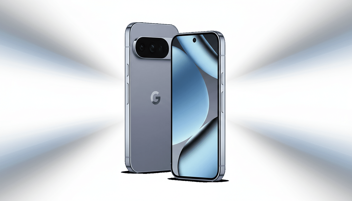 A sleek, modern smartphone with a light blue screen and a gray back, featuring a prominent camera bar and a G logo, presented against a professional, subtly patterned background.