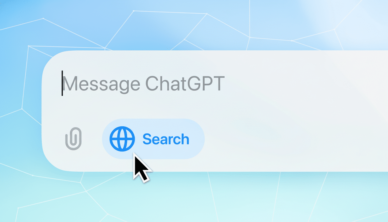 A close-up of a message bar with Message ChatGPT typed in, and a cursor pointing to a Search button with a globe icon. The background is a light blue with a subtle geometric pattern.