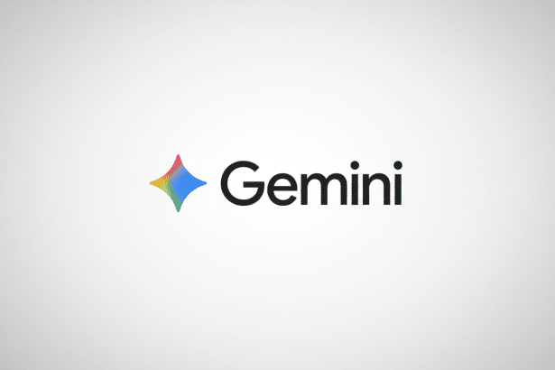 The Gemini logo, featuring a colorful, four-pointed star icon to the left of the word Gemini in black text, set against a professional flat design background with a subtle gray gradient.
