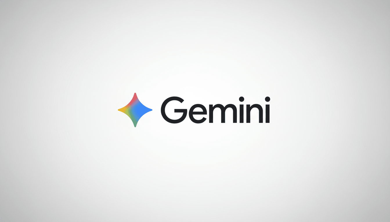 The Gemini logo, featuring a colorful, four-pointed star icon to the left of the word Gemini in black text, set against a professional flat design background with a subtle gray gradient.